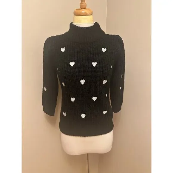 Anthropologie Hearts Mock Neck Sweater Tee Black/White Sz XS - Picture 2 of 7